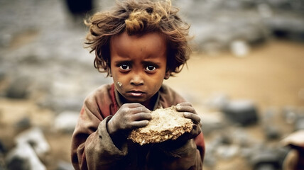 Naklejka premium boy Hungry starving poor little child looking at the camera. generative ai