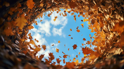 round autumn frame of leaves and branches in the form of a rabbit hole view from inside