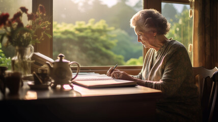 A senior woman sits by the window of her home in the morning writing.generative ai