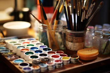 A collection of some vintage and new art supplies of different mediums grouped together