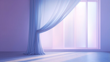 delicate soft color blue curtains, window decoration made of fabric, decor, beautiful interior podium pastel shades