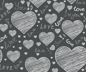 Beautiful decorative vector seamless pattern with chalk drawn hearts and the words of love