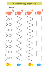 Trace lines for kids sea crab fish development handwriting practice for kids. EPS10 vector