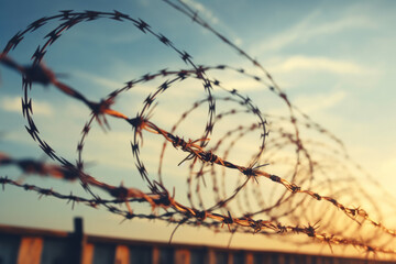 Fence with barbed wire in front of great blue sky - concept for freedom, liberty or prison - obrazy, fototapety, plakaty