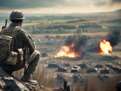 soldier watching over a hill over a destroyed battlefield and world war concepts. losses from war