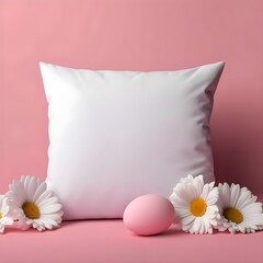 Blank white Pillow Pink Mockup, Happy Easter themed, easter eggs and daisy flowers, Background, Product photography, front view 