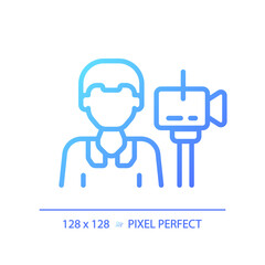 2D pixel perfect gradient cameraman icon, isolated vector, thin line blue illustration representing journalism.