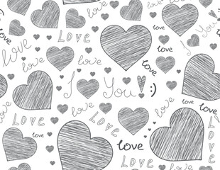 Beautiful decorative vector seamless pattern with chalk drawn hearts and the words of love on a white piece of paper