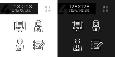 Fototapeta na wymiar 2D pixel perfect dark and light icons set representing journalism, editable thin line illustration.