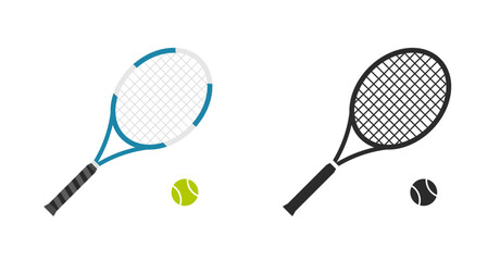 Tennis racket ball icon vector simple pictogram clipart image set, flat sport racquet game black white flat green blue illustration graphic silhouette sign - obrazy, fototapety, plakaty