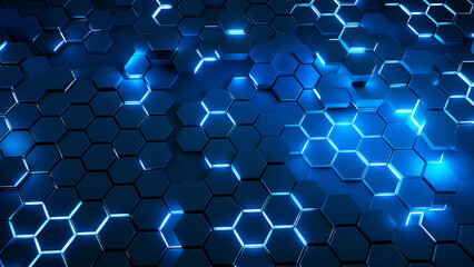 Technology background, a glowing hexagonal background with blue lights, Generative AI