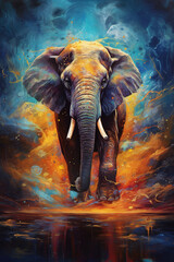 Majestic elephant surrounded abstract fractal elements, stunning artistic painting