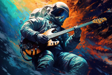 An astronaut playing guitar in outer space. Stunning artistic illustration
