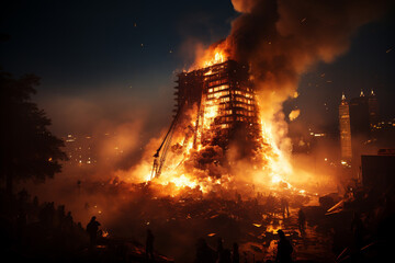 Big fire in skyscraper at night