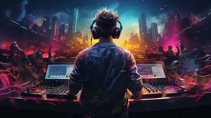 silhouette of a DJ at the remote control, a view from the back against the background of a nightclub with a crowd of dancing people, a night disco music festival