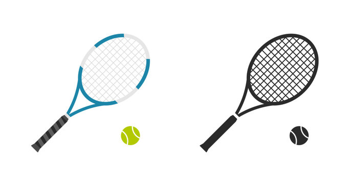 Tennis racket ball icon vector simple pictogram clipart image set, flat sport racquet game black white flat green blue illustration graphic silhouette sign