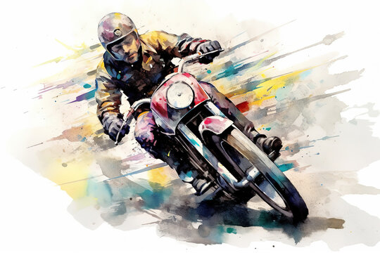 Racer riding motocross motorcycle, vintage style watercolor illustration