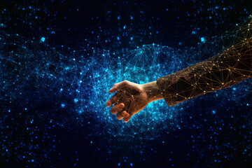 Business Deal handshake in glowing Background, Generative AI