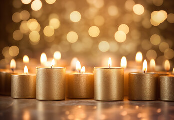 Beautiful glittering lit candles and defocused bokeh background in golden colors