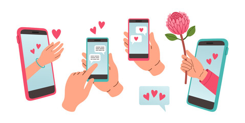 Love message set. Hand holding phone with love or like notification messages, Valentines day design concept