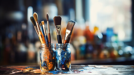 bright multicolored creative background, a group of brushes with paint on the background of a multicolored spectrum canvas, the idea of creativity banner, team