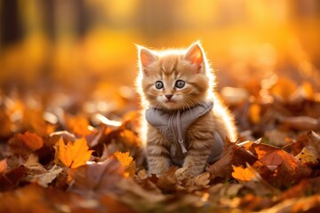 Naklejka na ściany i meble Cute cat at autumn garden. Generative AI