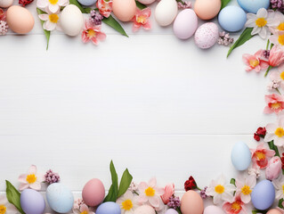 Naklejka na ściany i meble カラフルなイースターの卵と花の白背景　Generative AI