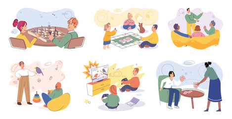 Obraz premium Game together. Family fun. Friendship time. Vector illustration. Playing games with family and friends treasured pastime that creates lasting memories Board games provide platform for people to