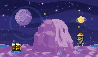 Space exploration illustration, fantasy alien landscape. Cartoon pixel art background. Horizontal cosmic banner. Another planet concept. Universe of spherical star objects. Pixelated location for game