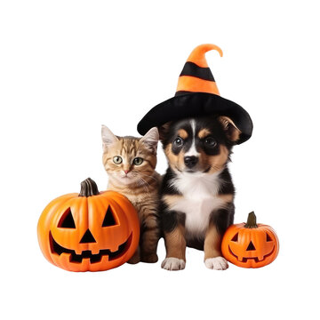Cat and dog in halloween costumes with pumpkins isolated on transparent background