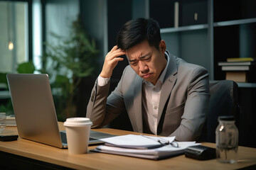 Naklejka premium Stressed asian business man having headache while working on business. Man worker suffer migraines in office.