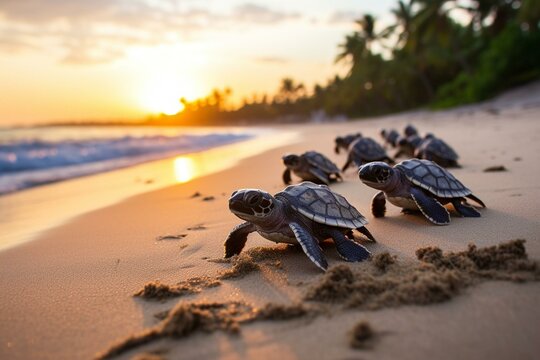 Hawksbill sea turtle hatchlings crawling to the sea on Brazil's Bahia coast with coconut palms in the background. Generative AI