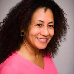 A portrait photo of an attractive female middle aged mixed race nurse.