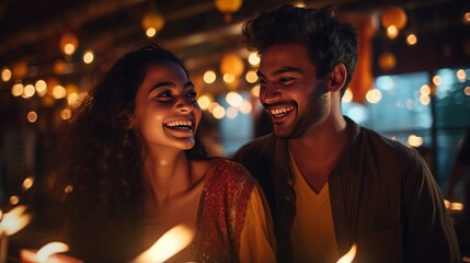 Obraz na płótnie Canvas Smiling youthful joyous happy married couple celebrating Diwali together. Generative Ai.