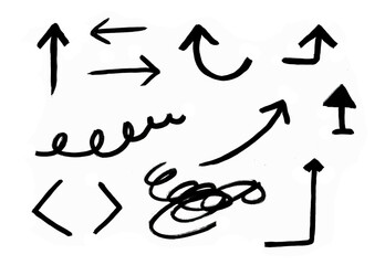 Set of hand drawn signs. Arrows in different directions. Crooked and chaotic. Scribbles and doodles. Black lines on a white background.