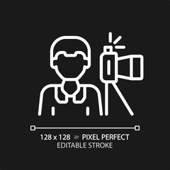 2D pixel perfect editable white photojournalist icon, isolated vector, thin line illustration representing journalism.