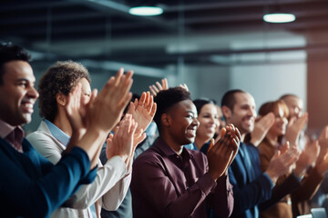 Obraz premium A group of people applauding with their hands in the air, Generative AI