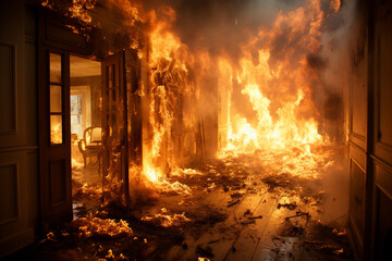 Burning door in house flames fire