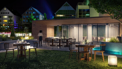 Visualization of an Modern Exterior Restaurant Area Composed Inside a Historical City Center -  3D Visualization