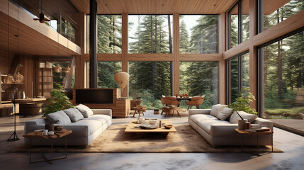wooden house concept with chalet interior design of modern living room - obrazy, fototapety, plakaty
