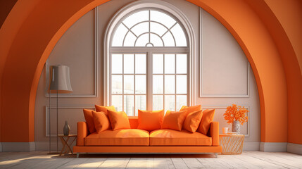 cozy orange loveseat sofa against of arched window