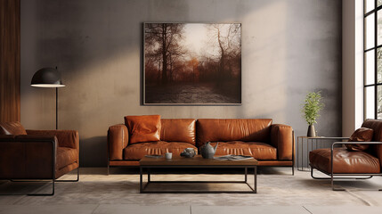 elegant interior design of modern living room with brown sofa