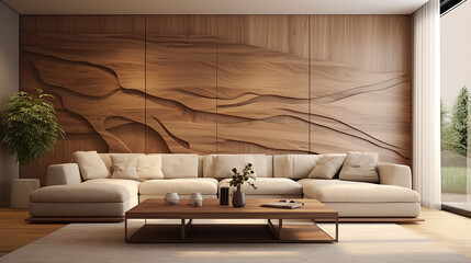 elegant modern living room with wooden wall concept