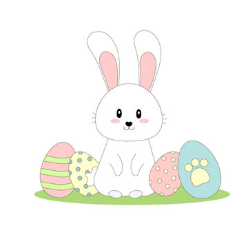 Easter white rabbit with bright eggs for Easter. Bright Easter. Vector illustration