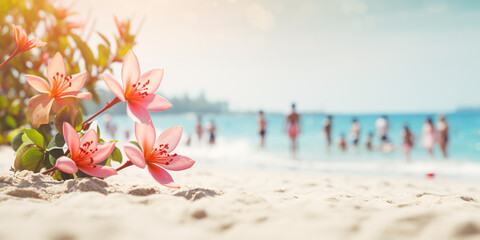 Hibiscus flowers blooming on the beach and people bathing in the background. Generative Ai