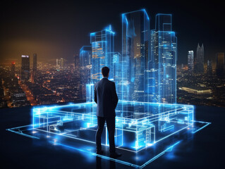 A business man developer stands by a hologram of a newly designed modern building. Real estate for investment. AI generated