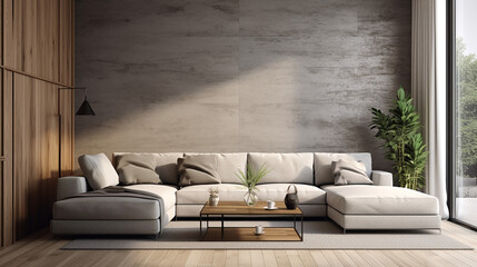 gray corner sofa near beautiful wall with wooden grain cut wallpaper.