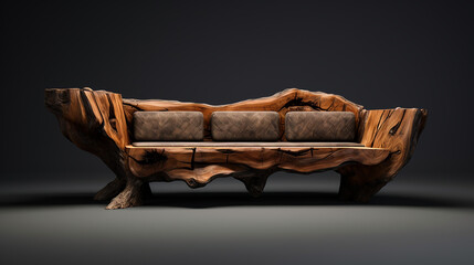 elegant handmade unique rustic sofa made from solid wood on black background - obrazy, fototapety, plakaty