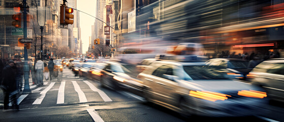 Fast-moving cars in the city streets. Motion blur efect. Generative Ai