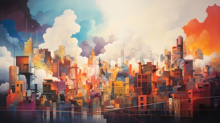 A cityscape transformed into an abstract dreamscape, conveying the emotional journey of mental health